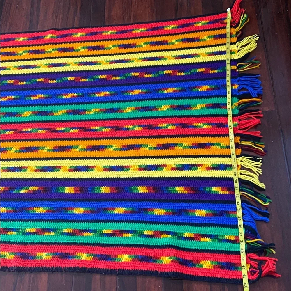 Handmade Vintage Hand-Crocheted Large Rainbow Stripe Throw Blanket 63” x 44”